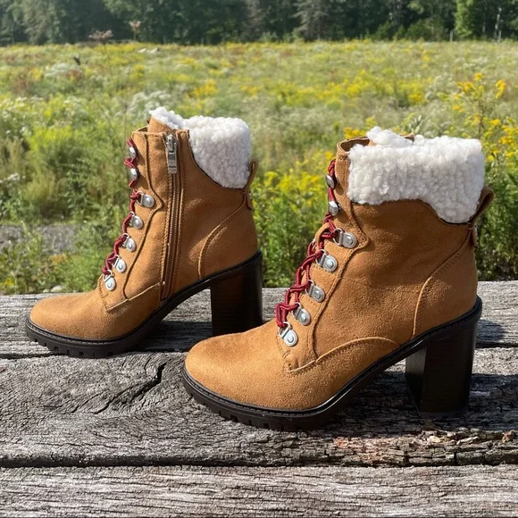 8 10 NWT Nine West tan chunk heel faux fur suede vegan moto combat boots - Picture 13 of 13